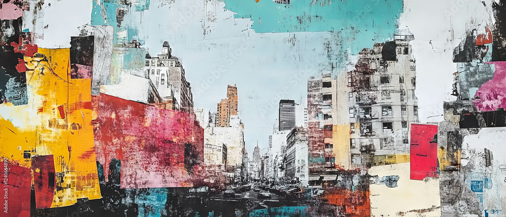 Cityscape collage featuring vibrant textures and playful layers in mixed media style Cityscape collage featuring vibrant textures and playful layers in mixed media style