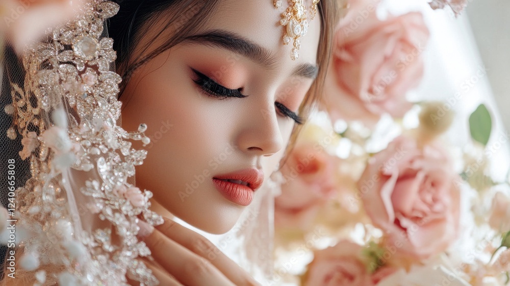 Obraz premium A professional makeup artist creating a bridal makeup look with soft pastel tones