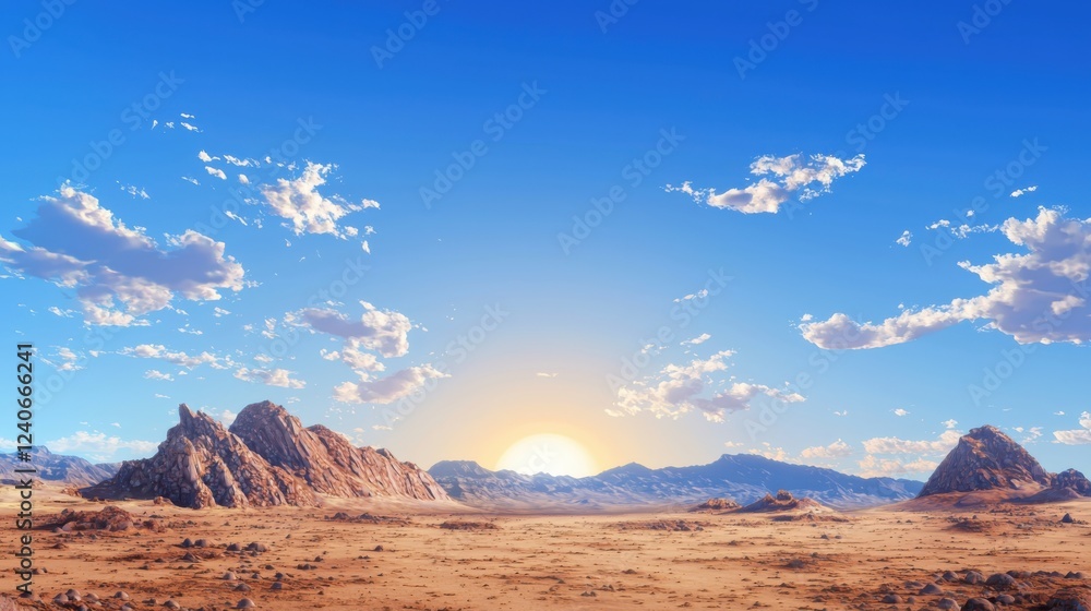 Fototapeta premium Exploring serene desert landscapes alien planet digital art vast environment distant view massive rock formations and setting sun