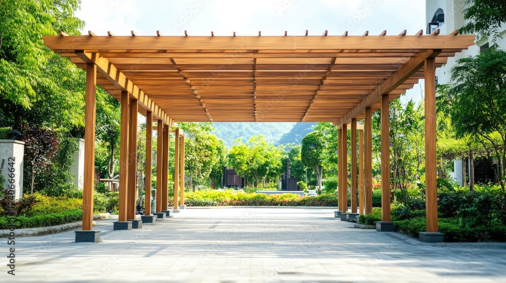 Fototapeta premium Extended wooden pergola-style roof covering a car park.