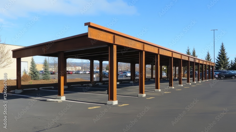 Freshly painted steel beams extending a parking lot roof. Freshly painted steel beams extending a parking lot roof.