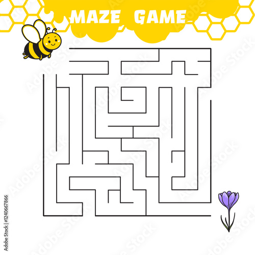 the little bee is looking for the way to the spring flower, maze game for pre-school children, vector cartoon