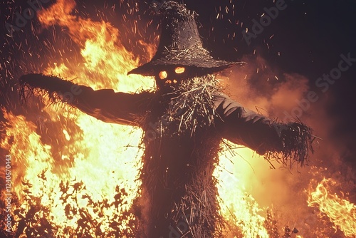 Burning Scarecrow Effigy in Fiery Bonfire as Part of Traditional Maslenitsa photo