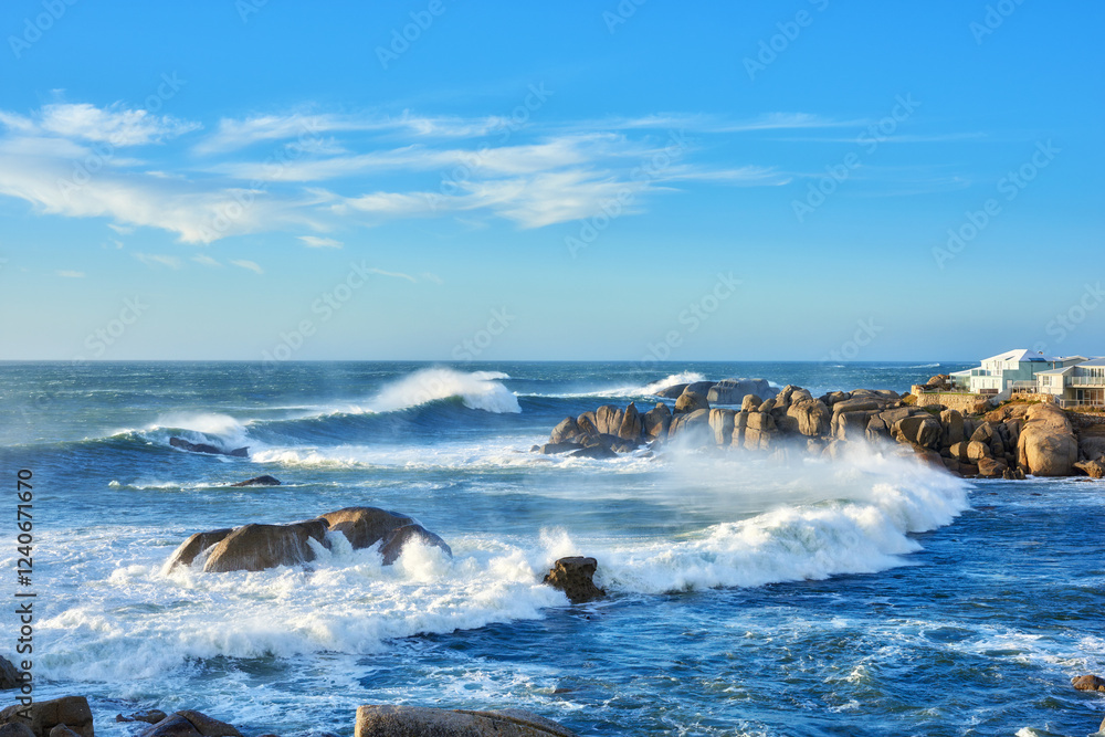 Beach, water and holiday in nature, rocks and location for tourism of island, scenery and outdoor. Environment, blue sky and destination for vacation in paradise, space and peace of sea in California Beach, water and holiday in nature, rocks and location for tourism of island, scenery and outdoor. Environment, blue sky and destination for vacation in paradise, space and peace of sea in California