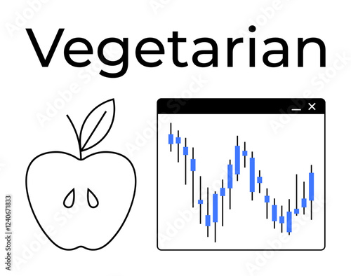 Apple outline beside stock market chart with blue candlesticks under bold vegetarian text. Ideal for financial, health, diet, nutrition, food, investment, marketing themes. Line metaphor