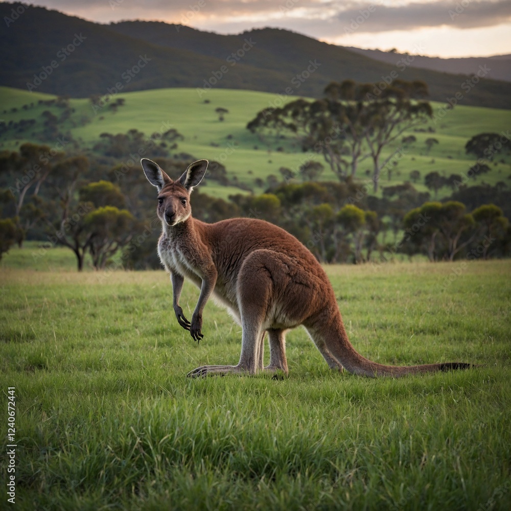Kangaroo Grazing in a Green Valley. kangaroo in the grass. Kangaroo Grazing in a Green Valley. kangaroo in the grass.