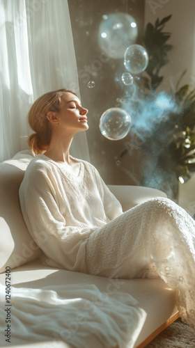 Glowing Blue Scent Waves Floating Above Vacuumed Carpet with Woman on Sofa in Living Room, Generative AI photo