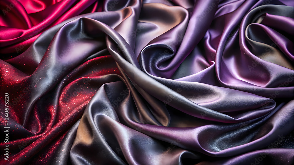 Fototapeta premium Luxurious Satin Fabric in Shades of Black, Red, and Purple with Elegant Folds.