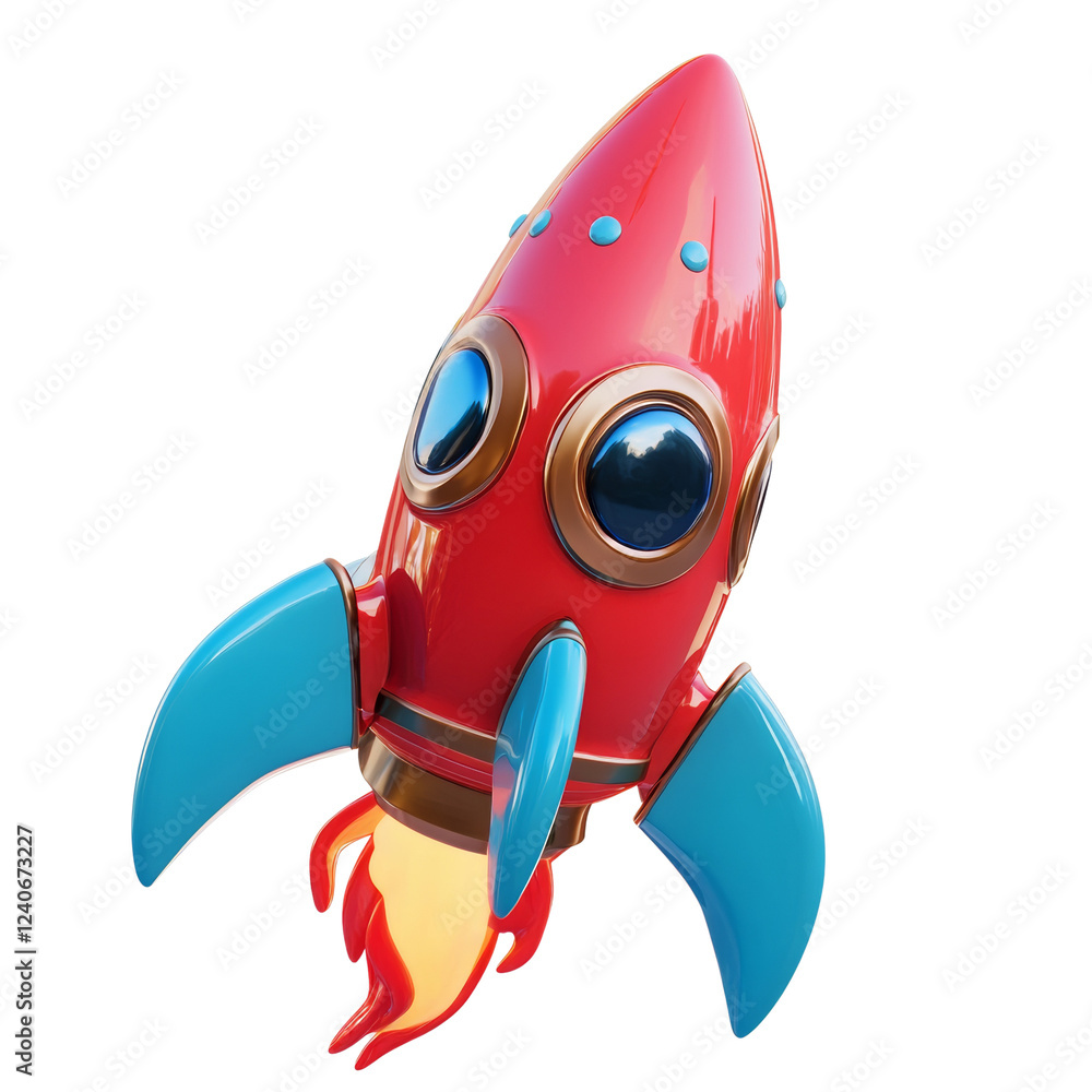 A stylized red and blue retro rocket ship is depicted in a 3D render taking flight with fiery exhaust. A stylized red and blue retro rocket ship is depicted in a 3D render taking flight with fiery exhaust.