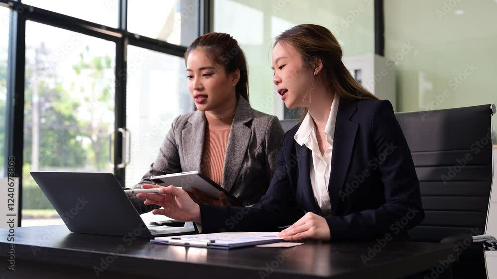 Two Asian businesswoman and man discuss investment project working and planning strategy Two Asian businesswoman and man discuss investment project working and planning strategy
