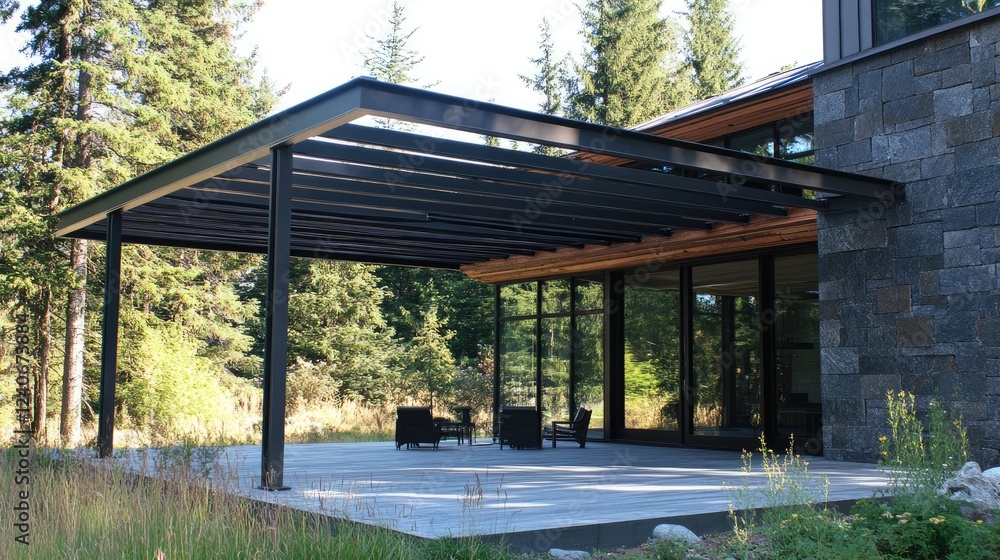 Prefabricated metal awning frame resting against a house for installation. Prefabricated metal awning frame resting against a house for installation.