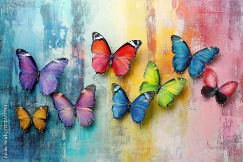 Colorful array of butterflies on an artistic background, featuring vibrant hues and dynamic textures, perfect for nature themed design and decor photo