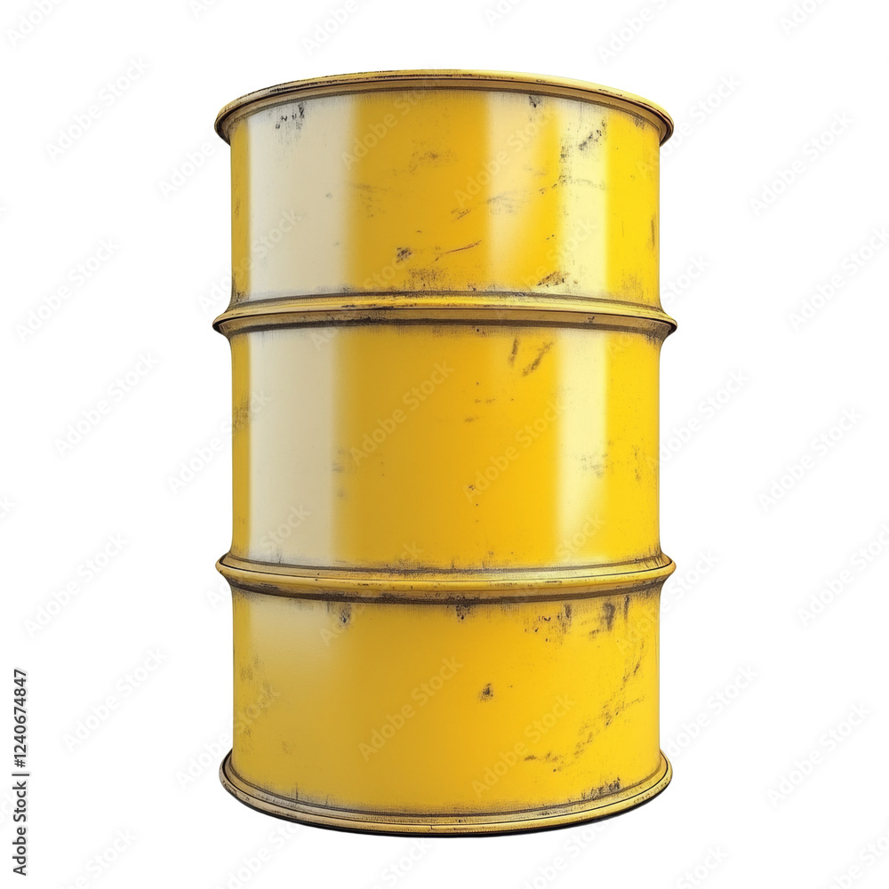 A single, weathered yellow metal drum is shown against a black background. The drum appears old and possibly used for hazardous materials. A single, weathered yellow metal drum is shown against a black background. The drum appears old and possibly used for hazardous materials.