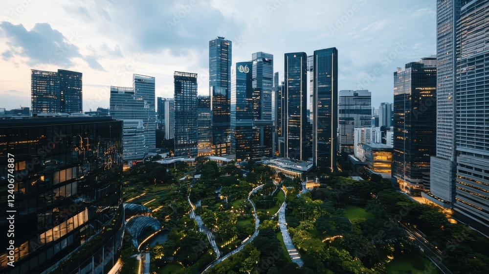 Fototapeta premium Illuminating transformation enchanting view of a smart city at dusk urban green spaces and digital displays modern metropolis evening serenity urban integration