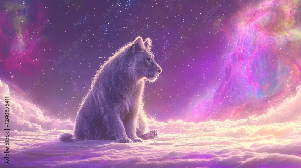 Obraz premium A magical fantasy portrait of a lion seated in an open space, surrounded by stars and nebulas, depicting the king of nature in a vibrant cosmos.