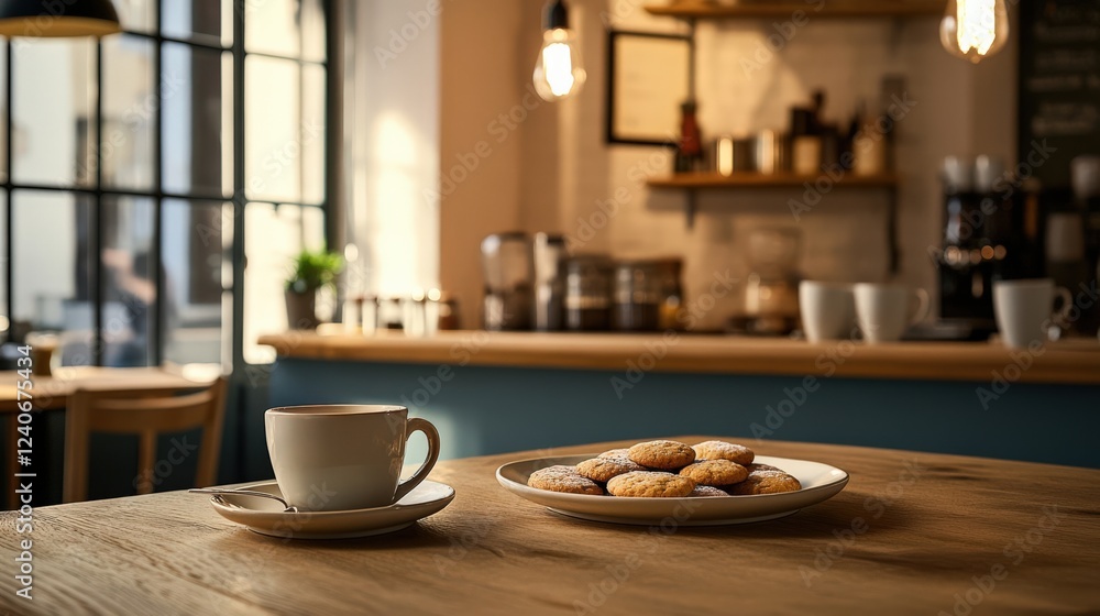 A Warm Cup of Coffee and Fresh Cookies on a Rustic Table A Warm Cup of Coffee and Fresh Cookies on a Rustic Table
