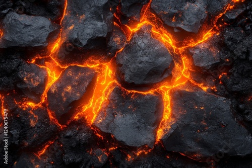 Bright lava flowing through cracked volcanic rock during active eruption in a remote landscape