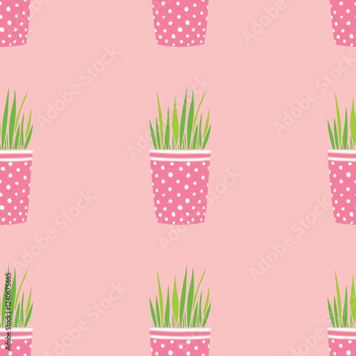 Vector seamless pattern of flower pots with decorative grass, plant. Cute texture in cartoon flat style, isolated. Home decoration theme