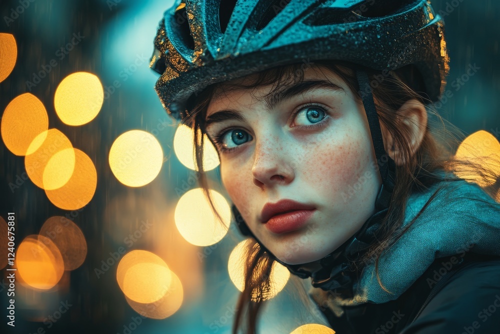Young girl in a cycling helmet gazes upward during a rainy evening, surrounded by glowing city lights Young girl in a cycling helmet gazes upward during a rainy evening, surrounded by glowing city lights