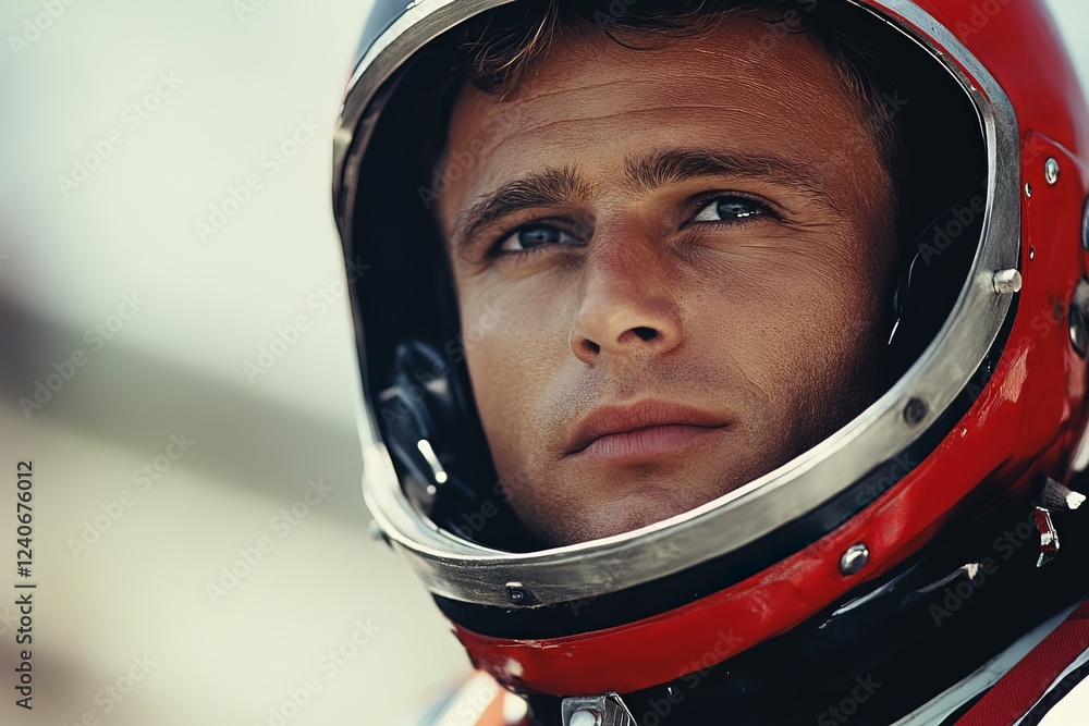 Competitor prepares for race while wearing an iconic helmet at a motorsport event during the day Competitor prepares for race while wearing an iconic helmet at a motorsport event during the day