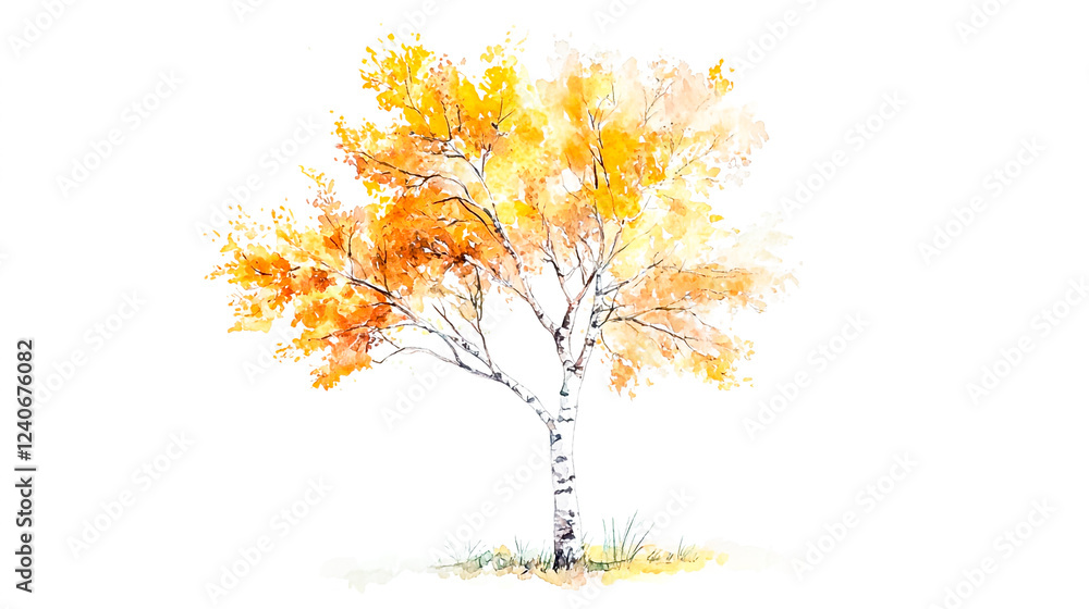 Obraz premium Watercolor illustration of a birch tree in a detailed and vibrant style, isolated on a clean white background