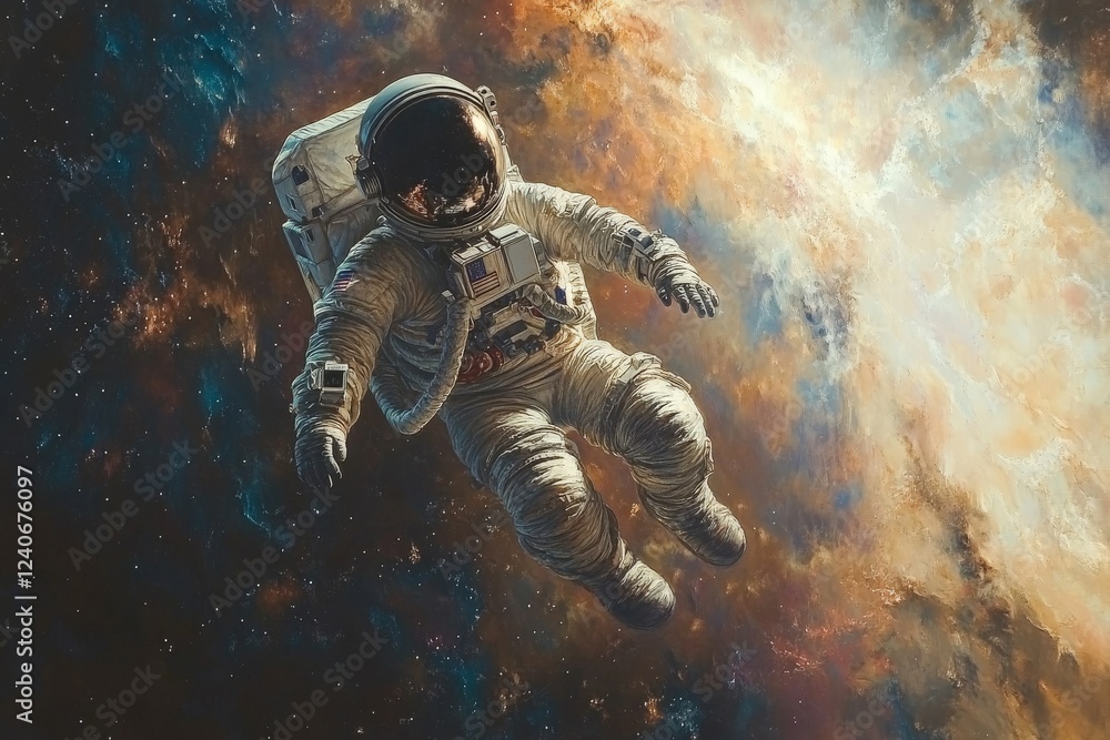Fototapeta premium Astronaut floating in deep space amidst colorful nebula and distant stars during a cosmic expedition