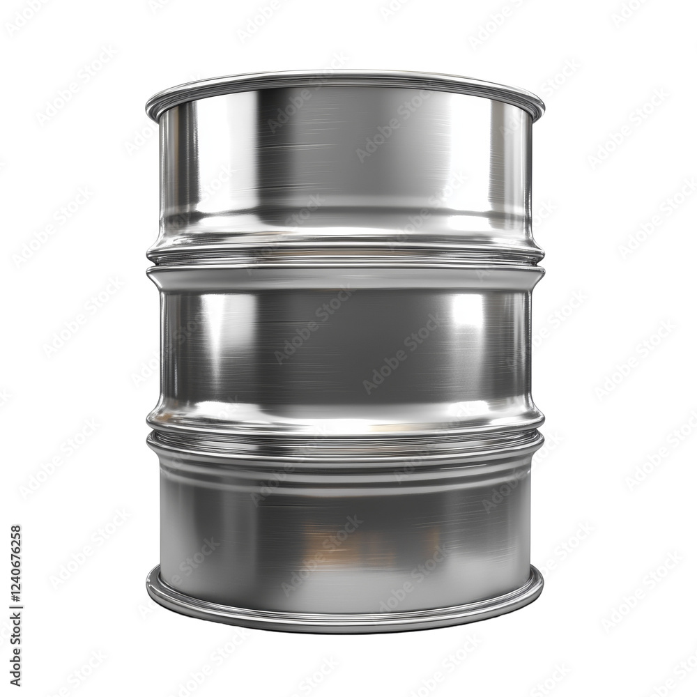 The image shows a single empty metallic barrel with a brushed steel finish standing on a black background. The image shows a single empty metallic barrel with a brushed steel finish standing on a black background.