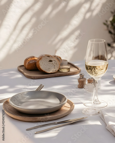 Outdoor dining table with a crisp white tablecloth, minimalistic setting featuring gray ceramic plates, gleaming metallic cutlery, and glasses of chilled white wine catching the soft sunlight, rustic.