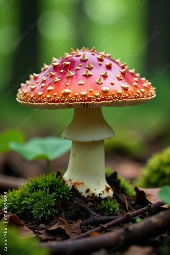 Fototapeta premium Large Amanita caesarea mushroom cap on forest floor, gilled, mushrooms, fungi
