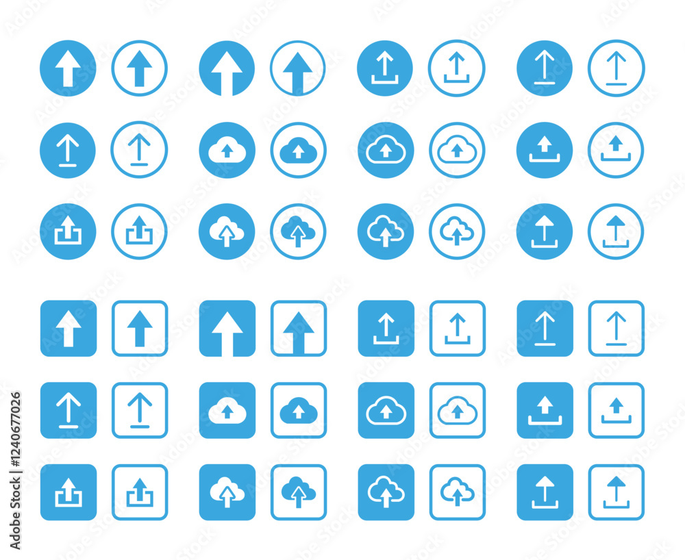 Blue Round and Square Upload Arrow Icons Set Blue Round and Square Upload Arrow Icons Set