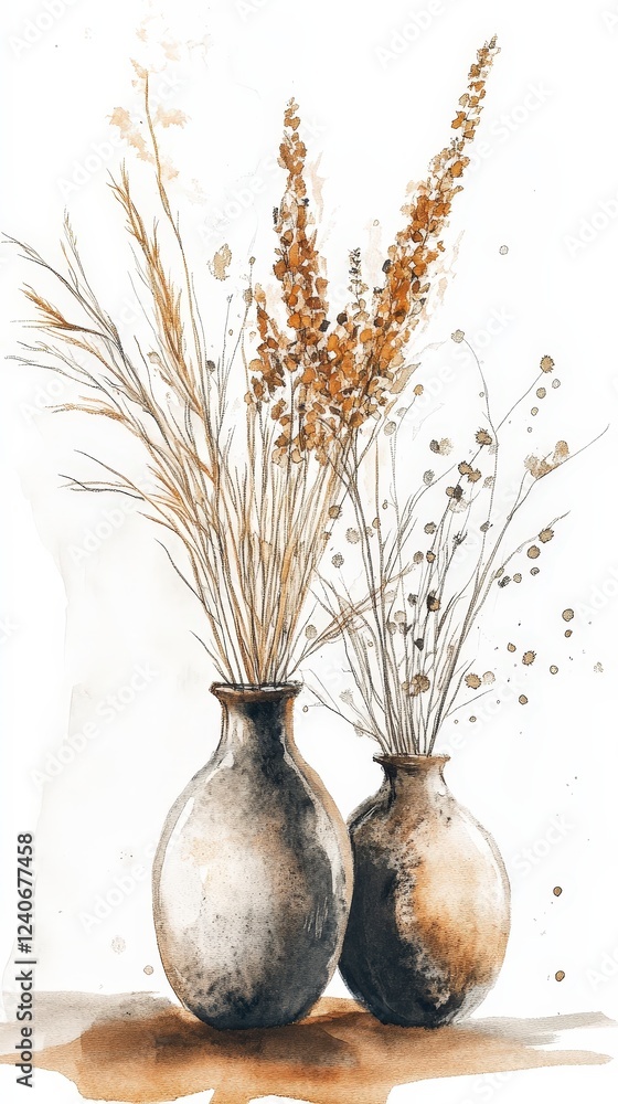 Elegant watercolor composition of vases with dried flowers and grass Elegant watercolor composition of vases with dried flowers and grass
