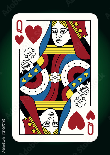 Queen character, Hearts suit playing Poker card, colorful design, isolated on green, editable stroke line, vintage design, classic pattern, vector illustration.	