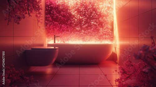 Sparkling clean bathroom with toilet releasing soft pink and white floral freshness, Generative AI photo