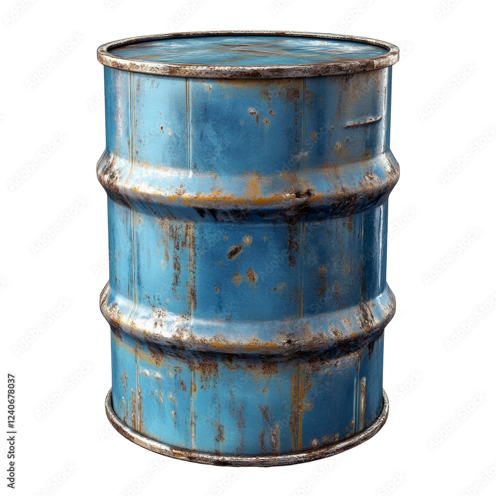 A weathered blue metal barrel shows signs of rust and contains a small amount of liquid. A weathered blue metal barrel shows signs of rust and contains a small amount of liquid.