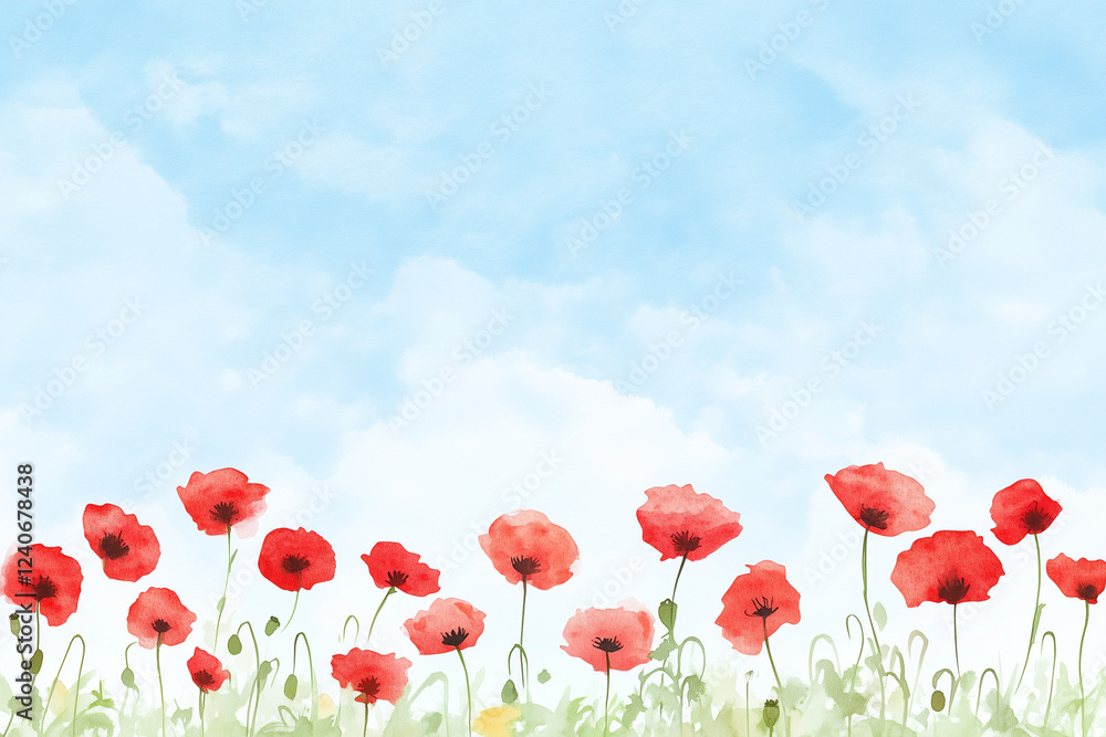 Obraz premium 赤いポピーの花畑、青空、水彩イラスト