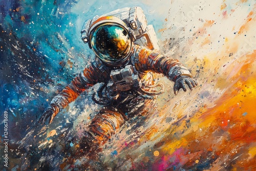 Daring astronaut navigates through a vibrant cosmic landscape during a stunning space journey