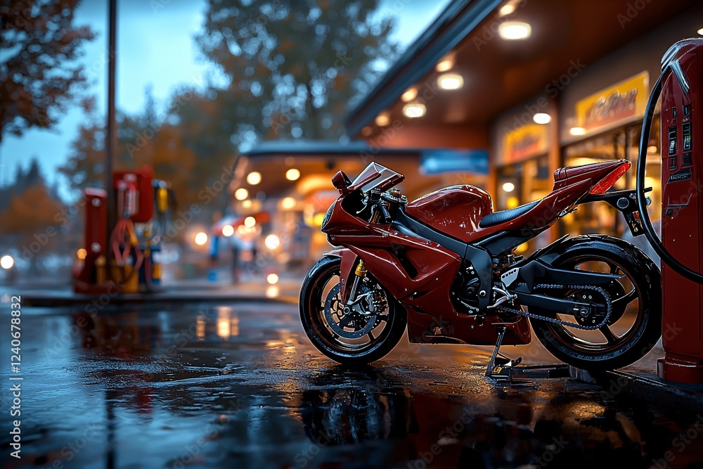 Petrol fuel vehicle concept. A sleek red motorcycle parked at a gas station on a rainy evening, with reflections on the wet pavement and a cozy atmosphere.