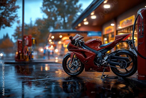 Obraz na płótnie Petrol fuel vehicle concept. A sleek red motorcycle parked at a gas station on a rainy evening, with reflections on the wet pavement and a cozy atmosphere. w salonie