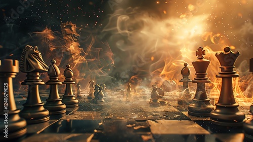 Dramatic chess pieces on fire, with a dark background and glowing light. The concept of strategy, competition, and risk.