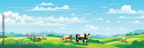 View of spring landscape, countryside, cows grazing in a green meadow, vector illustration