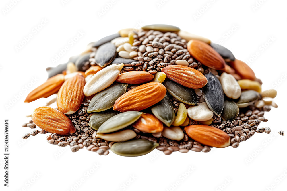 Naklejka premium Handful of mixed seeds artistically scattered on a transparent background. High Detail Close-Up