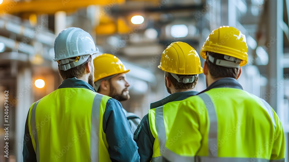 A group of engineers in safety gear discussing operations in a manufacturing facility. The scene captures teamwork and commitment to workplace safety and efficiency. A group of engineers in safety gear discussing operations in a manufacturing facility. The scene captures teamwork and commitment to workplace safety and efficiency.