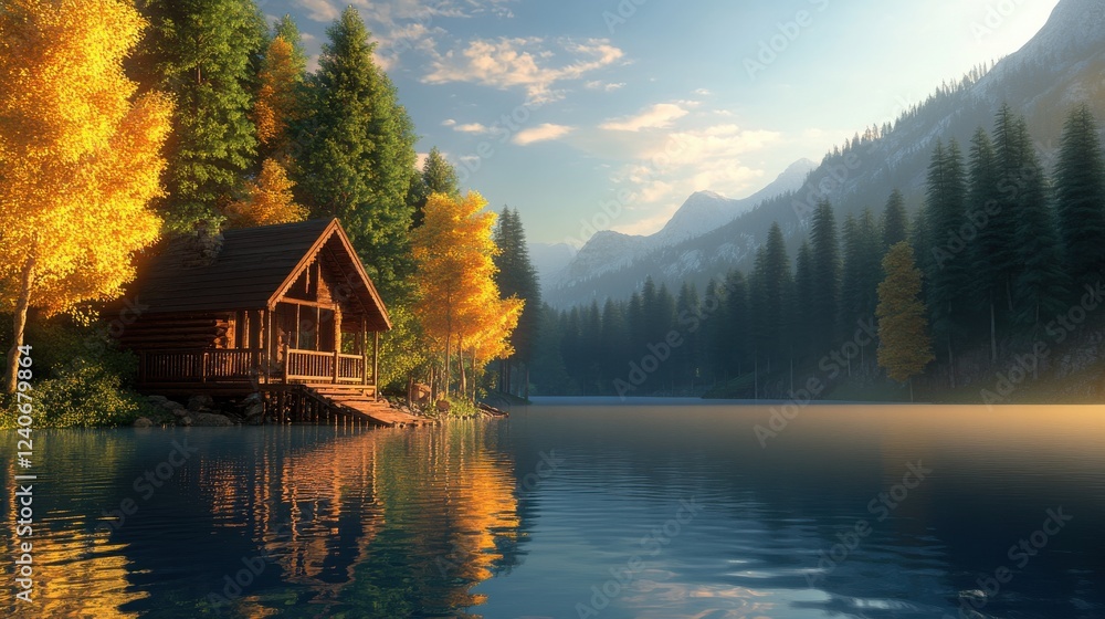Fototapeta premium Tranquil Cabin by Misty Lake Amidst Vibrant Autumn Forest