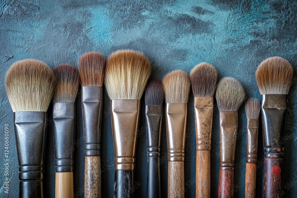 Fototapeta premium Various makeup brushes arranged neatly on a textured surface showcasing their different sizes and shapes