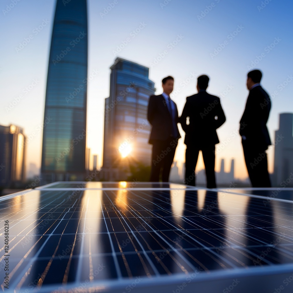 Business professionals discuss photovoltaic solar panels as the sun sets Business professionals discuss photovoltaic solar panels as the sun sets