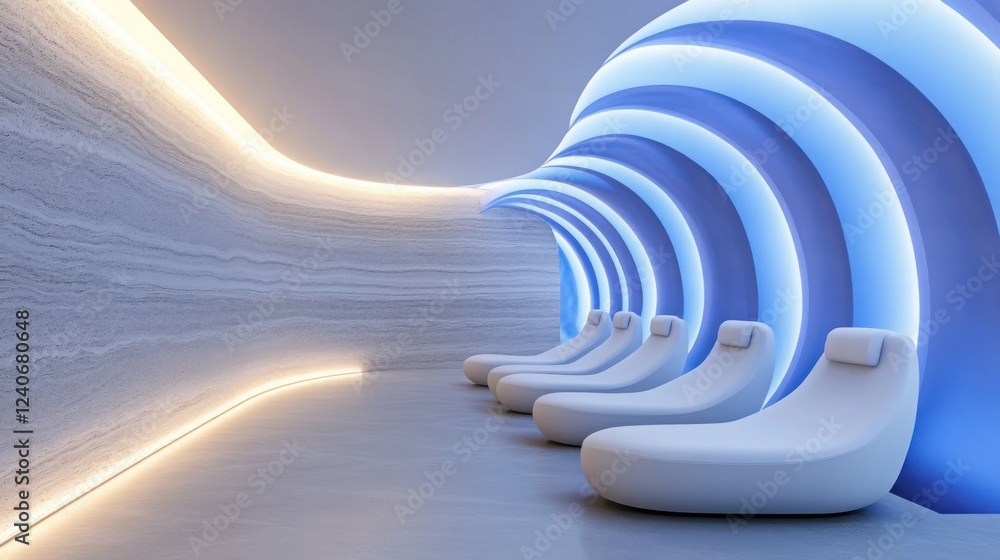 Obraz premium High-tech futuristic wellness center, ambient lighting, sleek decor, modern relaxation space