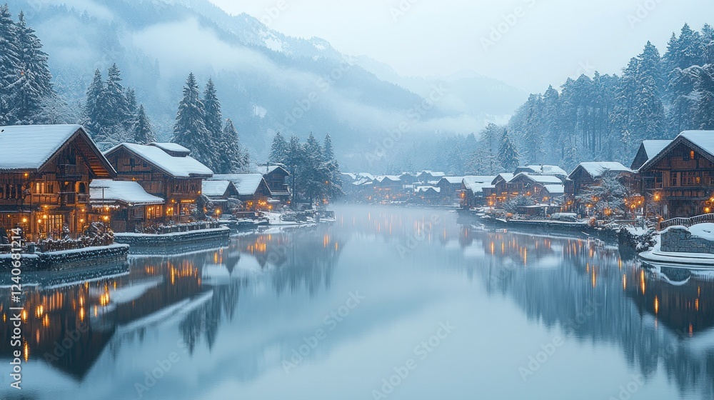 Fototapeta premium Snowy village, river reflection, mountains, winter evening, postcard