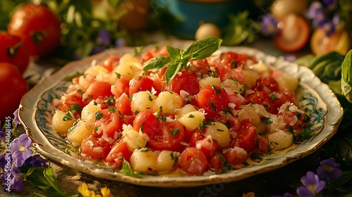 Wallpaper Mural Gnocchi with cherry tomatoes, basil, rustic setting, summer food, recipe Torontodigital.ca