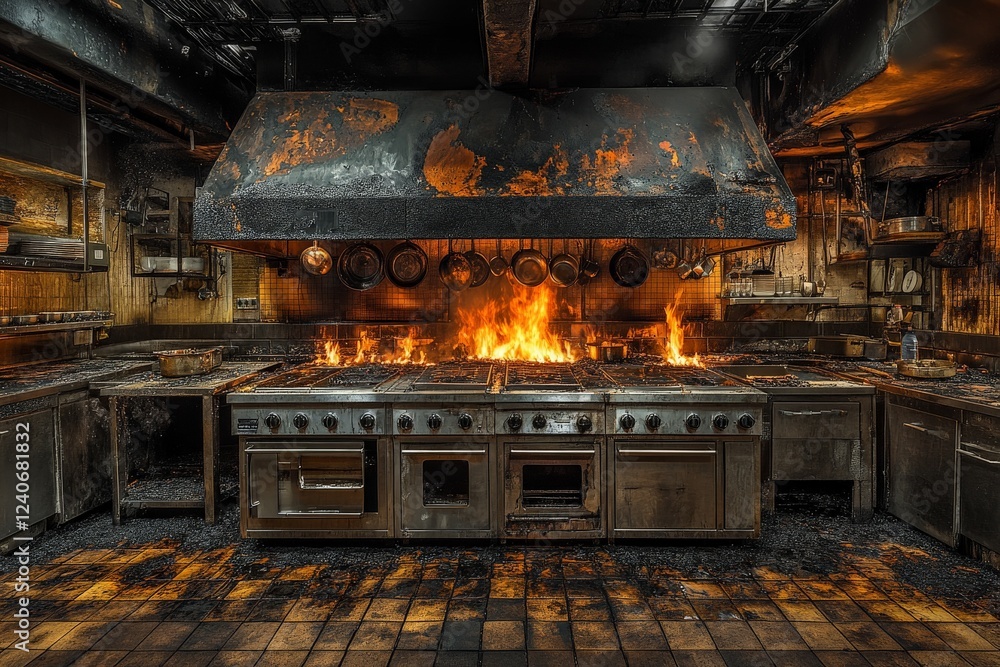 Kitchen engulfed in flames creating a hazardous situation during a busy service period Kitchen engulfed in flames creating a hazardous situation during a busy service period