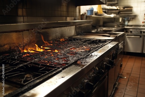 Kitchen fire causes significant damage to cooking equipment in busy restaurant environment photo